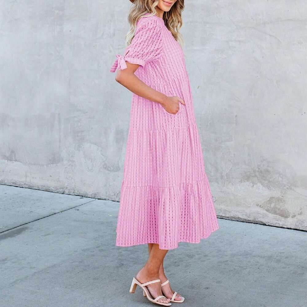 Pink Elegant Women's Casual V Neck Plaid Midi Maternity Dress - Picture 4 of 5